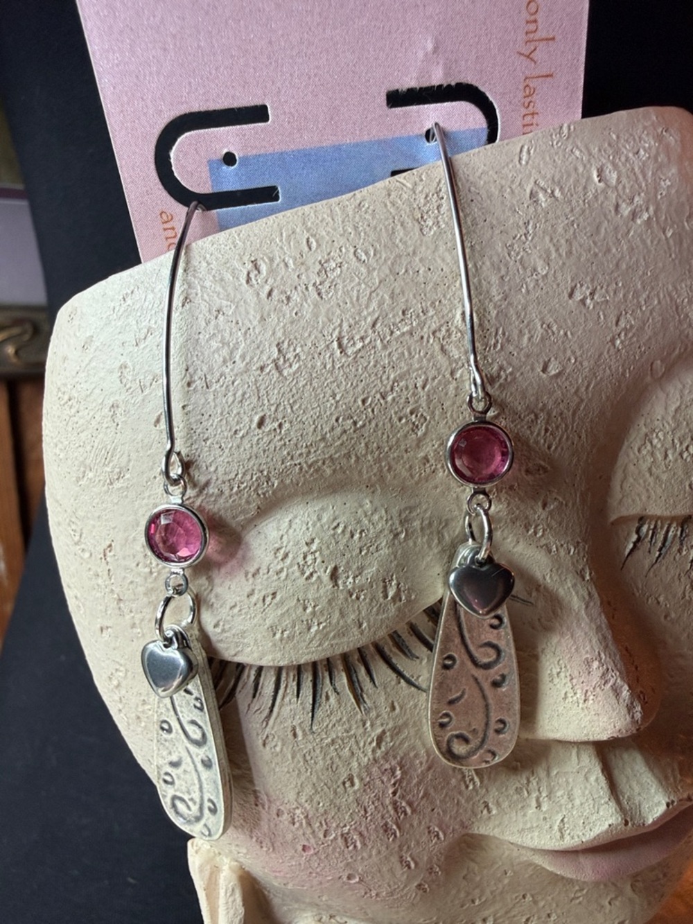 Pink rhinestone Dangle Earrings with Heart Accent